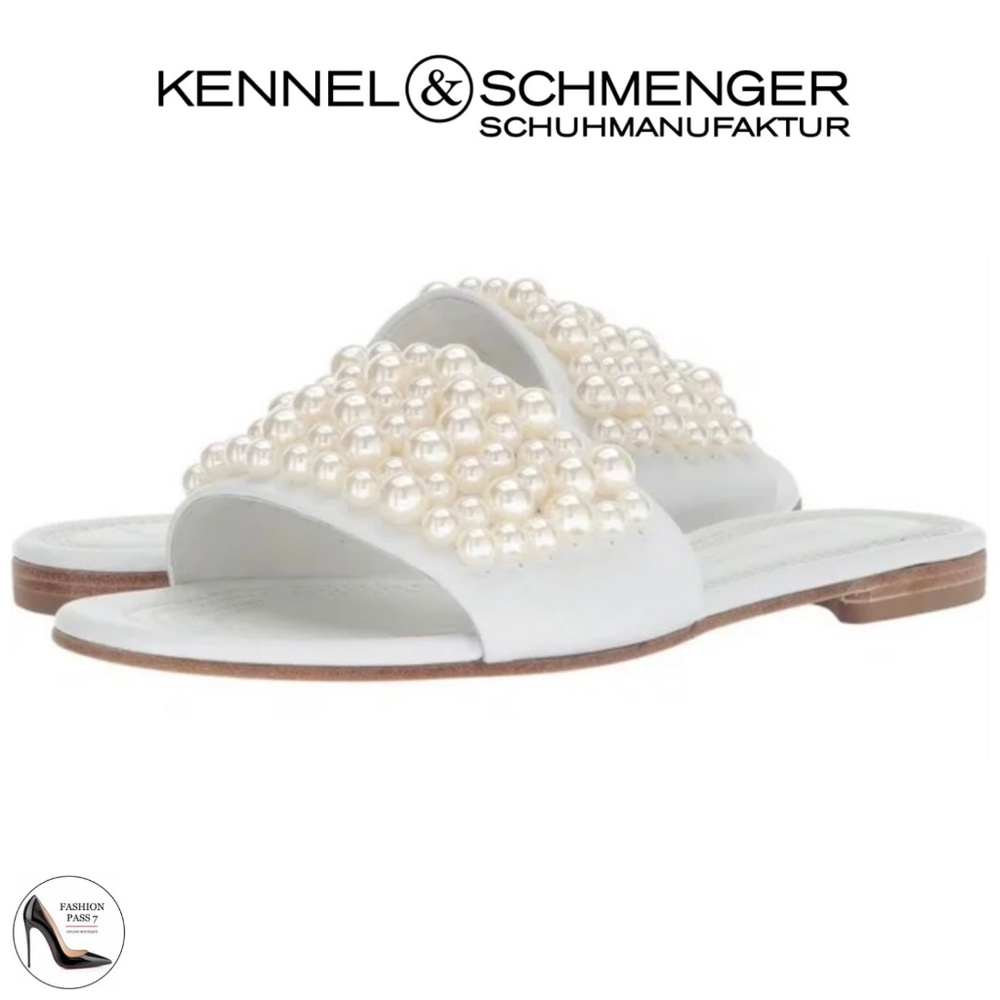 Kennel & Schmenger Elle White Leather Pearls Flat Sandals Luxury Slide Mules